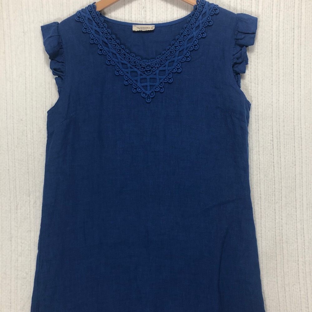 Via Signoria Italy Blue Linen Blend Dress Crochet‎ V Neck Sleeveless